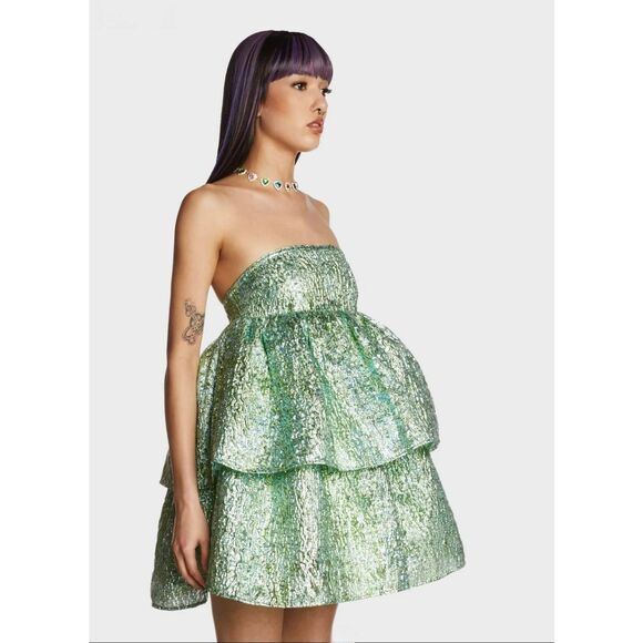 Amylynn Women's Green Metallic Sara Strapless Brocade Ruffle Mini Dress NEW - Picture 3 of 16